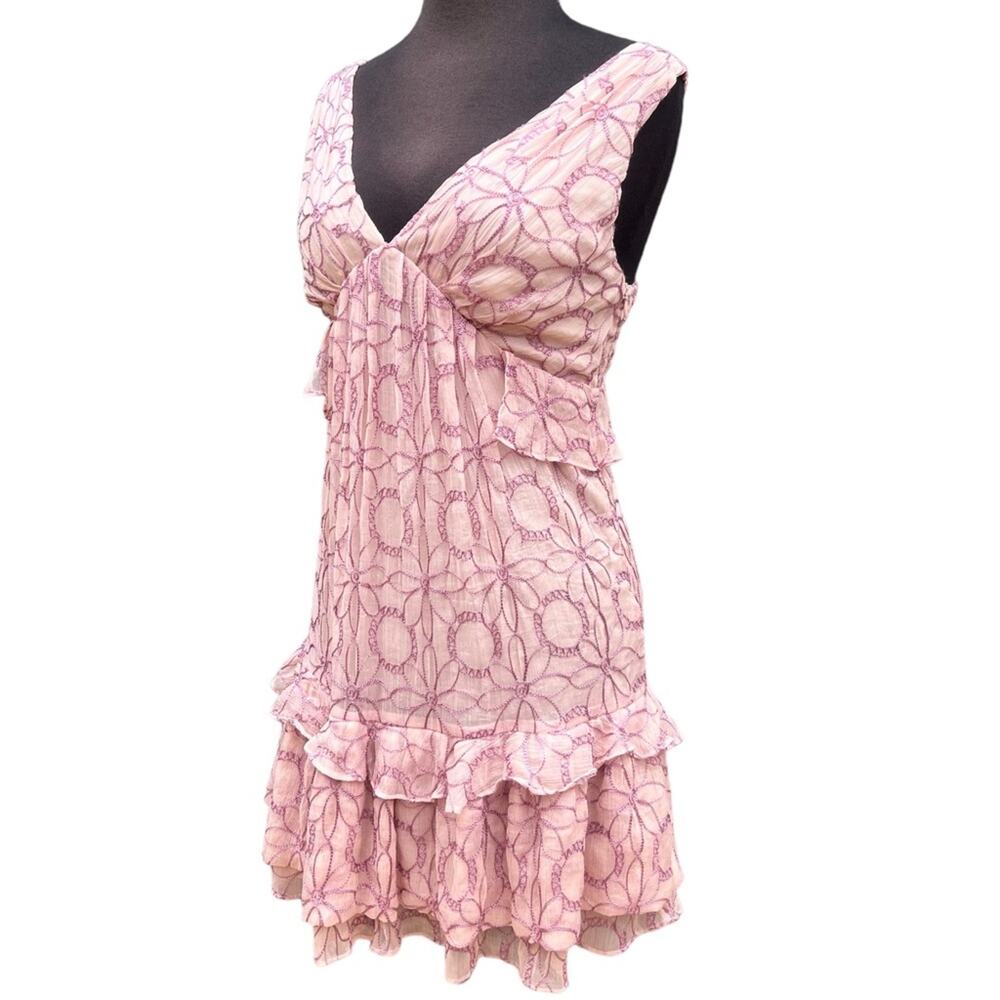 Minuet Pink Frilly Floral Embroidered Smocked Tiered Hem Mini Dress